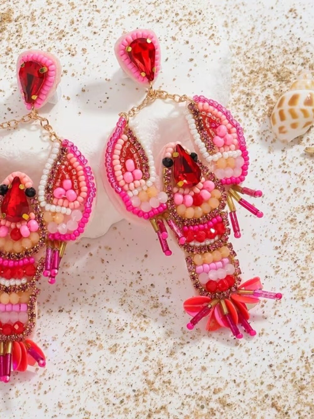 🆕️  PINK Artisan Hand Made Large Blue Lobster Beaded Earrings NWOT